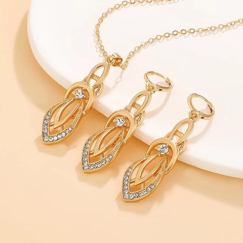 2PCS Vintage Geometric Shiny Zircon Jewelry Set Exquisite Pendant Necklace Hoop Earrings For Woman Trendy Style