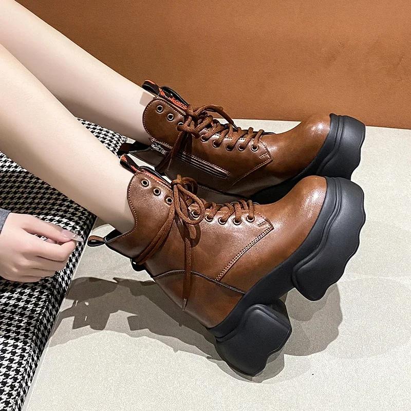 Fashion 11CM Ankle Boots Women Platform Sneakers High Heels Leather Chunky Boots New Autumn Winter Lace Up Motorcycle Boots Botas Mujer