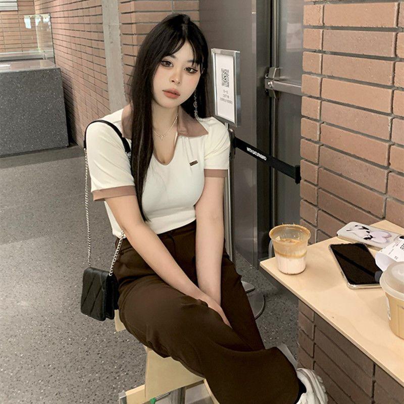 

Женские топы-поло с короткими рукавами и v-образным вырезом, модная тонкая и универсальная футболка XXL абрикосовый