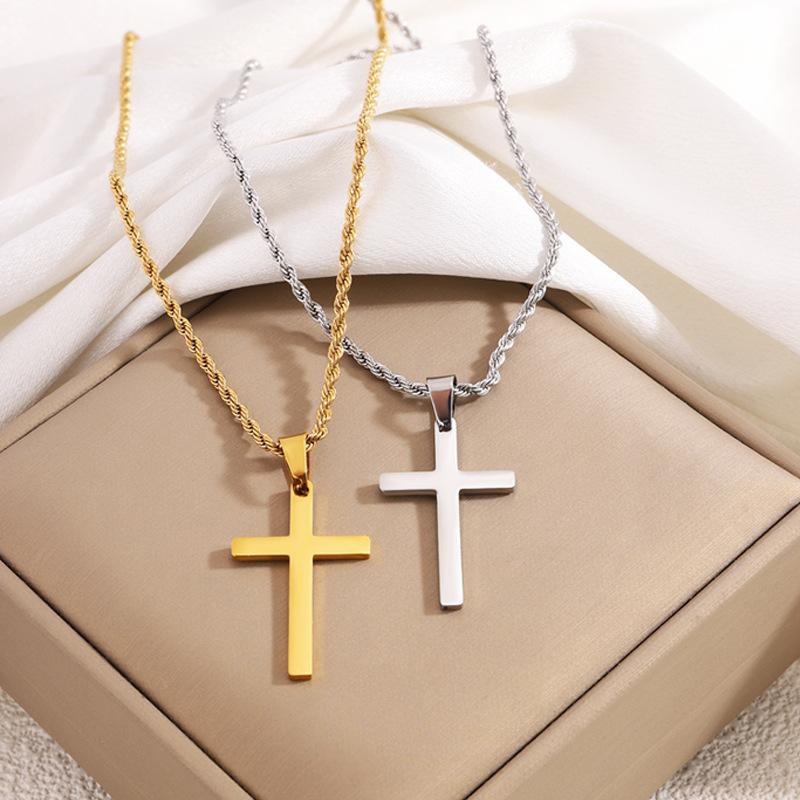 Titanium Steel Necklace, Golden Twisted Chain Cross Necklace, Fashionable and Versatile Men's Pendant Necklace