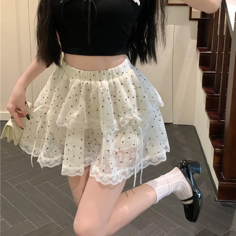 Gepunkteter Spitzenrock mit hoher Taille für Damen - Sommer Schlankmachend Klein Fluffiger Kuchenstil