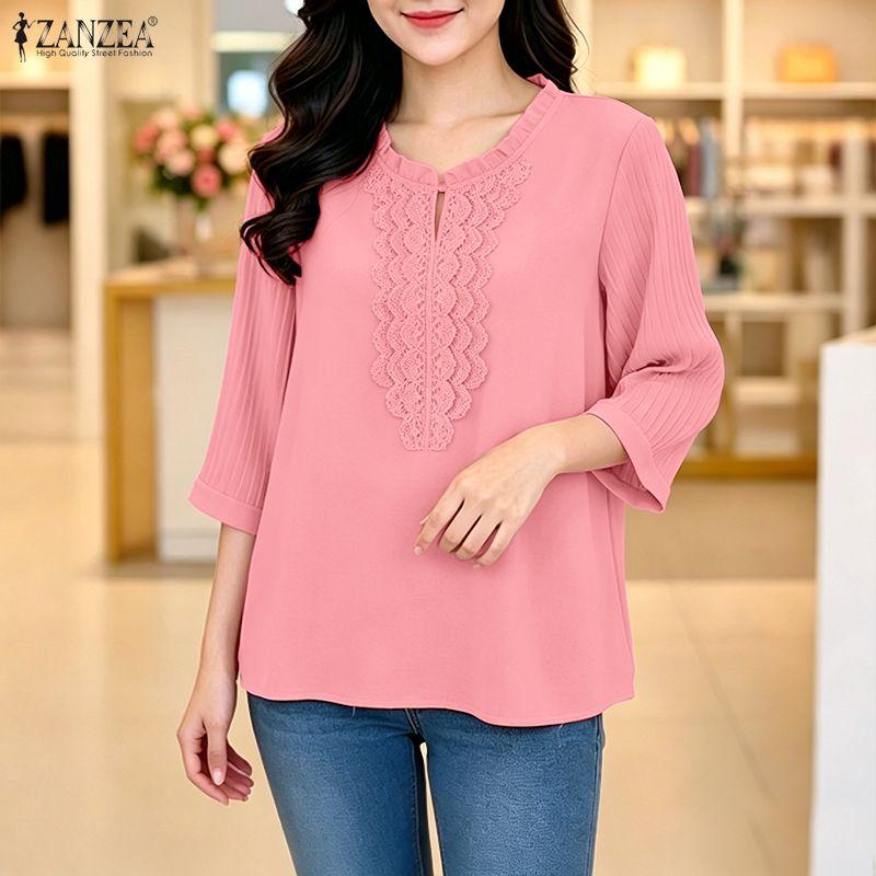 ZANZEA Women Casual Round Neck Lace Patchwork Loose 3/4 Sleeve Blouse