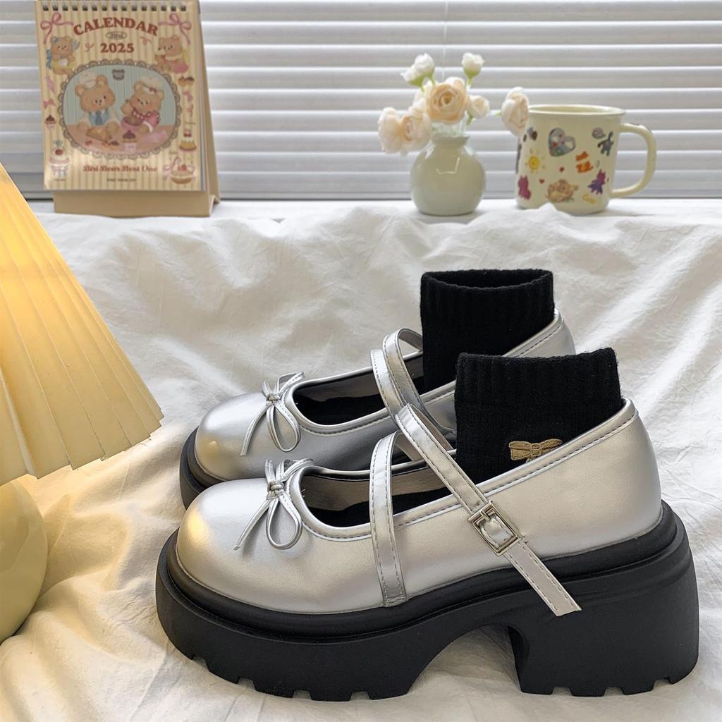 Thick-soled Mary Jane retro shoes summer new bow French style with skirt light mouth small leather shoes single shoes