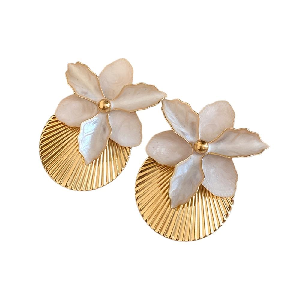 

Butterfly Orchid Floral Ear Studs Oil Drip Ear Pendant Orchid Flower Shell Earrings Daily Beige 6.3cm