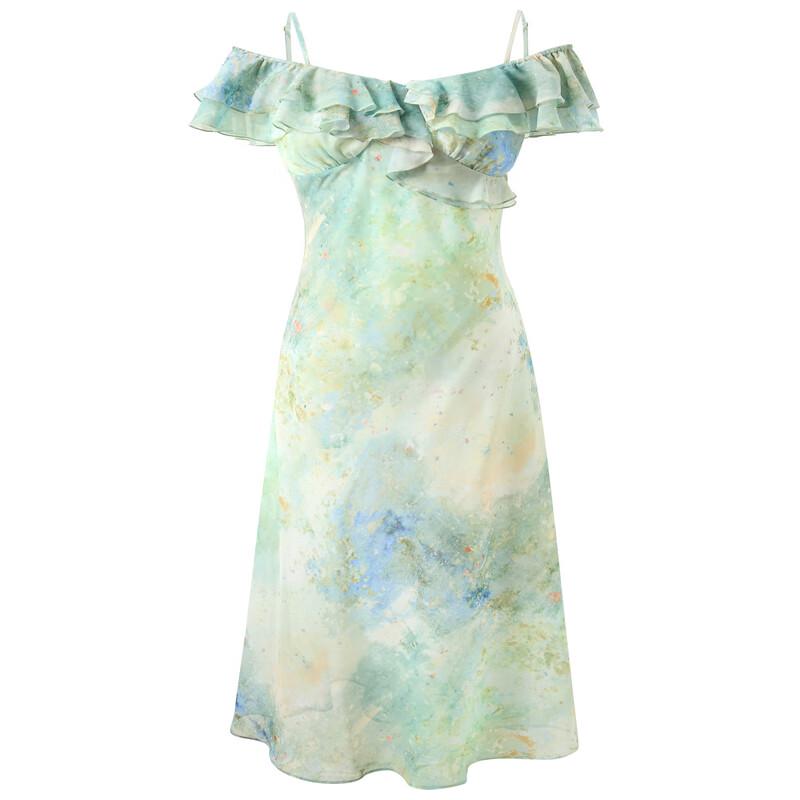 Sancai 2025 Spring Floral Ruffle Convertible Off-Shoulder Maxi Dress