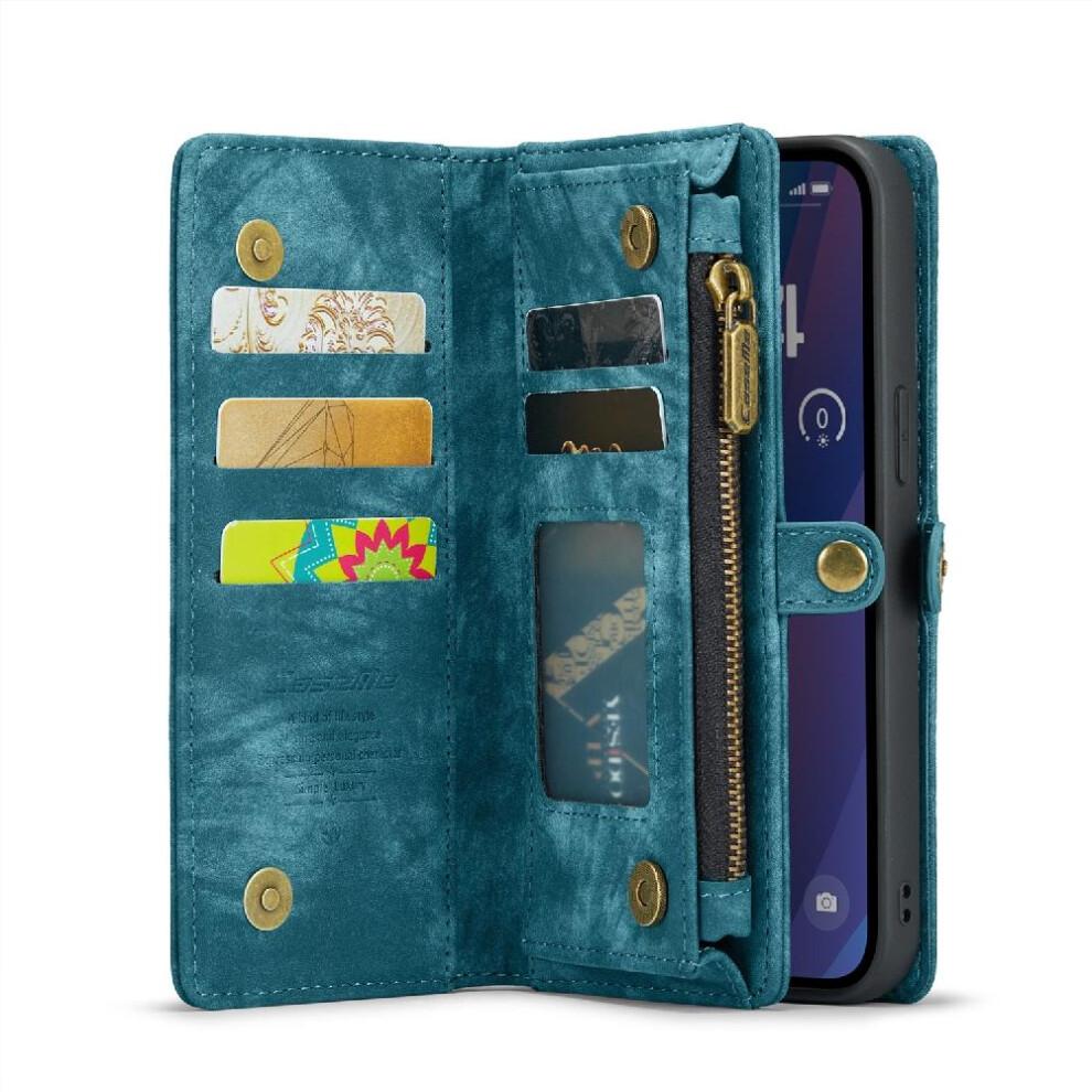 (Blue) Case for iPhone 15 Wallet Cover Trifold with TPU PC Handmade Leather Zipper Strong Magnetic Detachable Card Holder