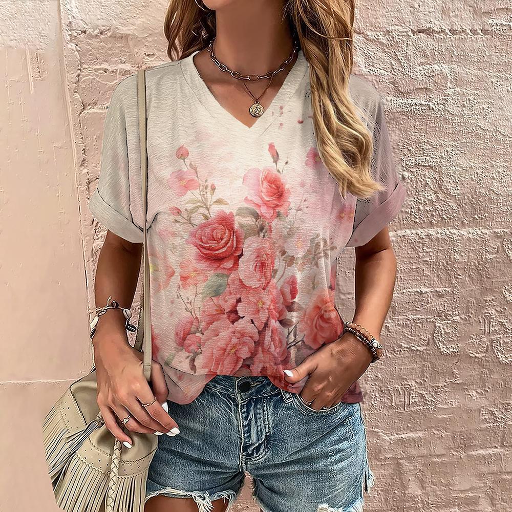 Summer Women's T-shirt Floral Print Casual Short-sleeved 3d T-shirt Fashion Streetwear V-neck Pullover