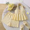 Girls' Fashionable Outfit - Summer Children's Casual V-neck Collarless Sleeveless Frilled Edge Top and Shorts Set