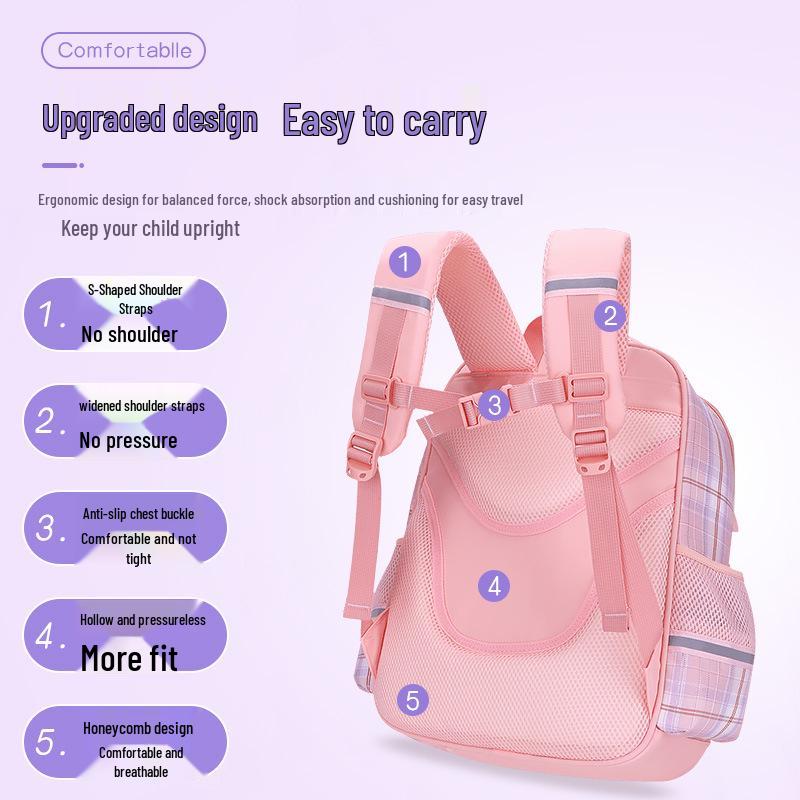 Plaid Backpack for Girls, 1-9 Grade, Large Capacity, Elementary & Middle School