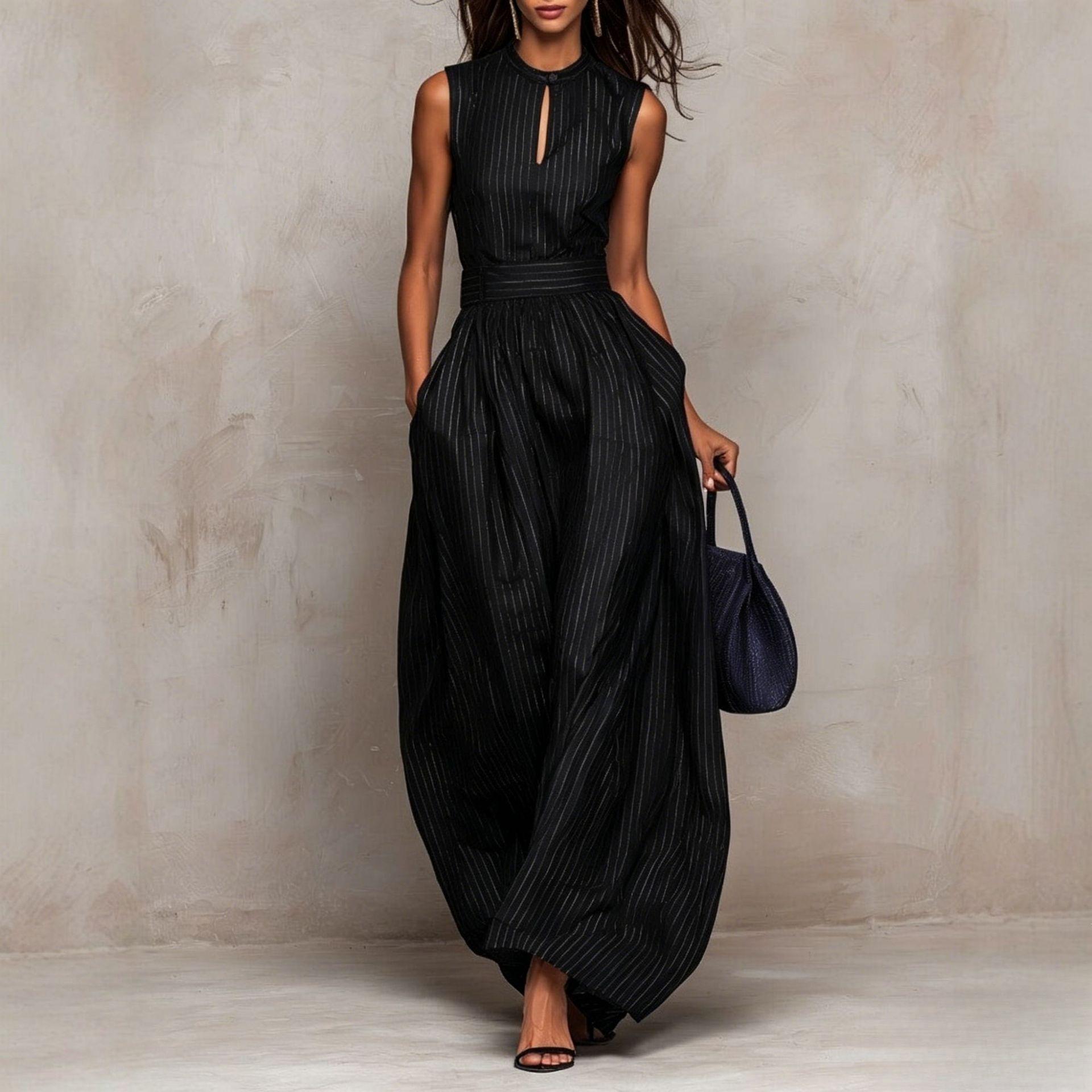 European and American Style 2026 New Deep Blue Striped Sleeveless Waist-Cinching Wide-Leg Jumpsuit for Women, Elegant Fashion Cross-border Women S чёрный