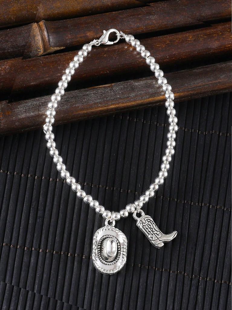 1 Pc Vintage Western Cowboy Hat, Boots Pendant Beads Bracelet,