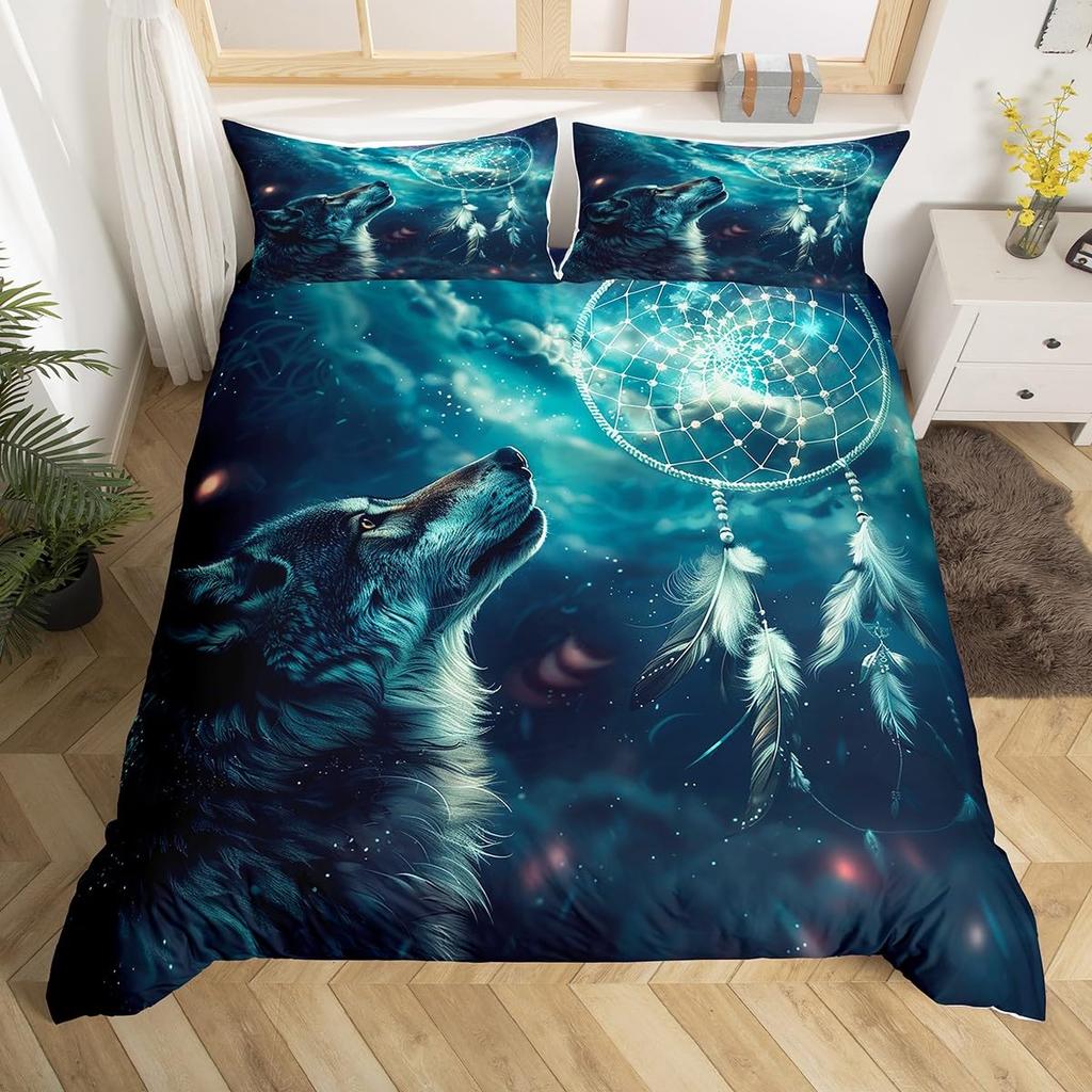 Wolf Duvet Cover Queen Twin for Kids Boys TeenStarry Sky Bedding Set Exotic Tribal Animal Comforter Cover Wild Wolf Quilt Cover