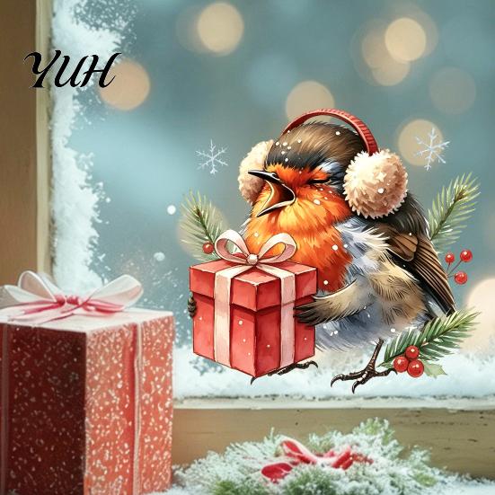 Decorative Window Stickers for Home Christmas Bird Static Clings, PVC Waterproof Decals with Santa Hat And Creative Gifts Lovers Gift Box, Removable