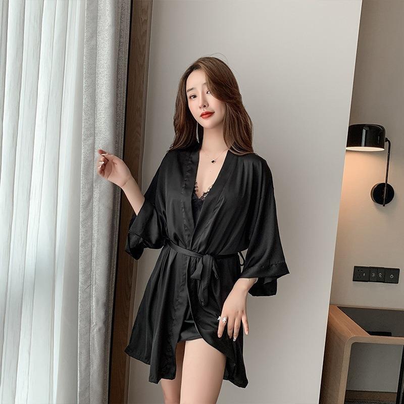 Sexy Pajamas Women's Ice Silk Thin with Chest Pad Lace New Year's Suspender Nightdress Two-piece Summer New Product