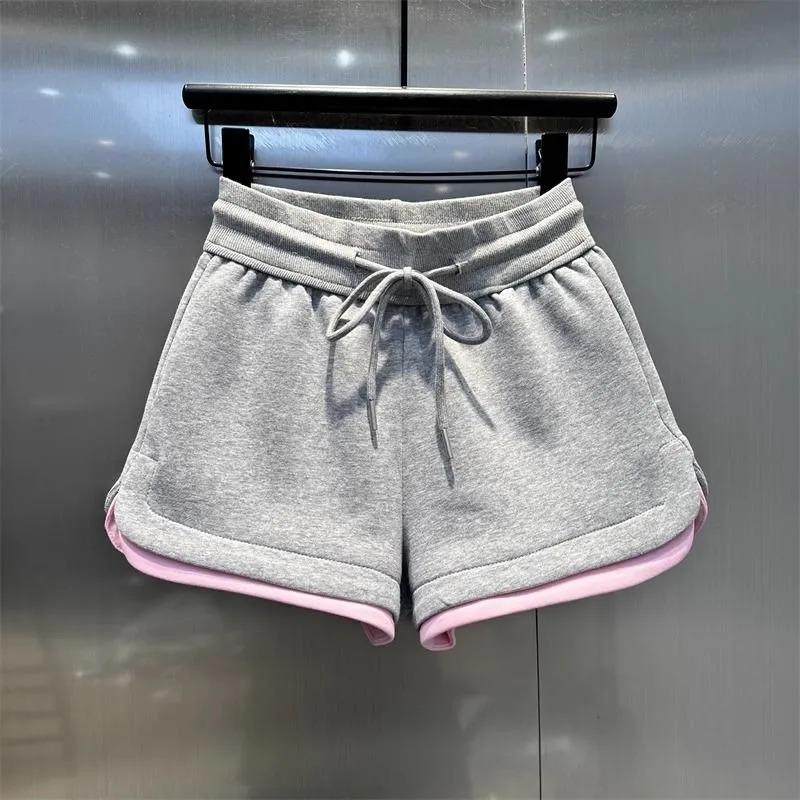 Women s Grey & Pink Contrast Trim Drawstring Waist Casual Sweat Shorts M