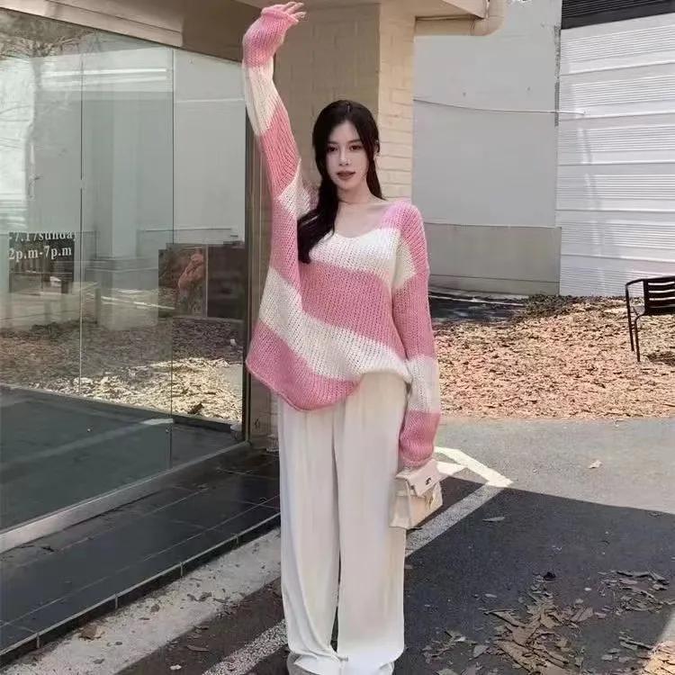 Men's Tops, Loose Knitwear, Western Style, Lazy Style, Spring and Autumn Thin Striped Sweaters, Women's Summer