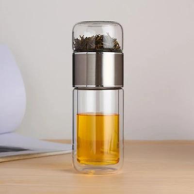 420ML Tee-Wasserflasche Hochborosilikatglas Doppelschichtiger Tee-Wasserbecher Infuser Tumbler Trinkgeschirr Wasserflasche mit Teefilter