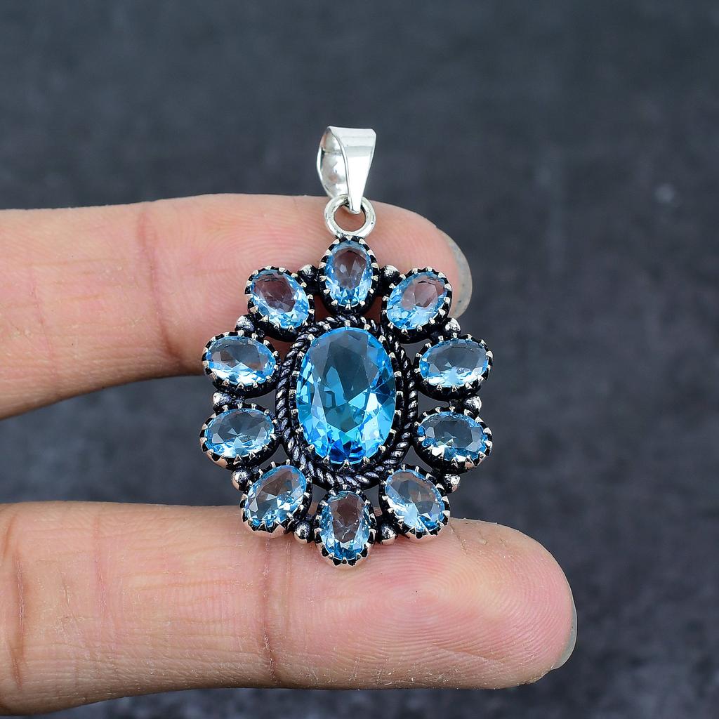Natural Swiss Blue Topaz Gemstone 925 Sterling Silver Jewelry Pendant 2.05" B6g39