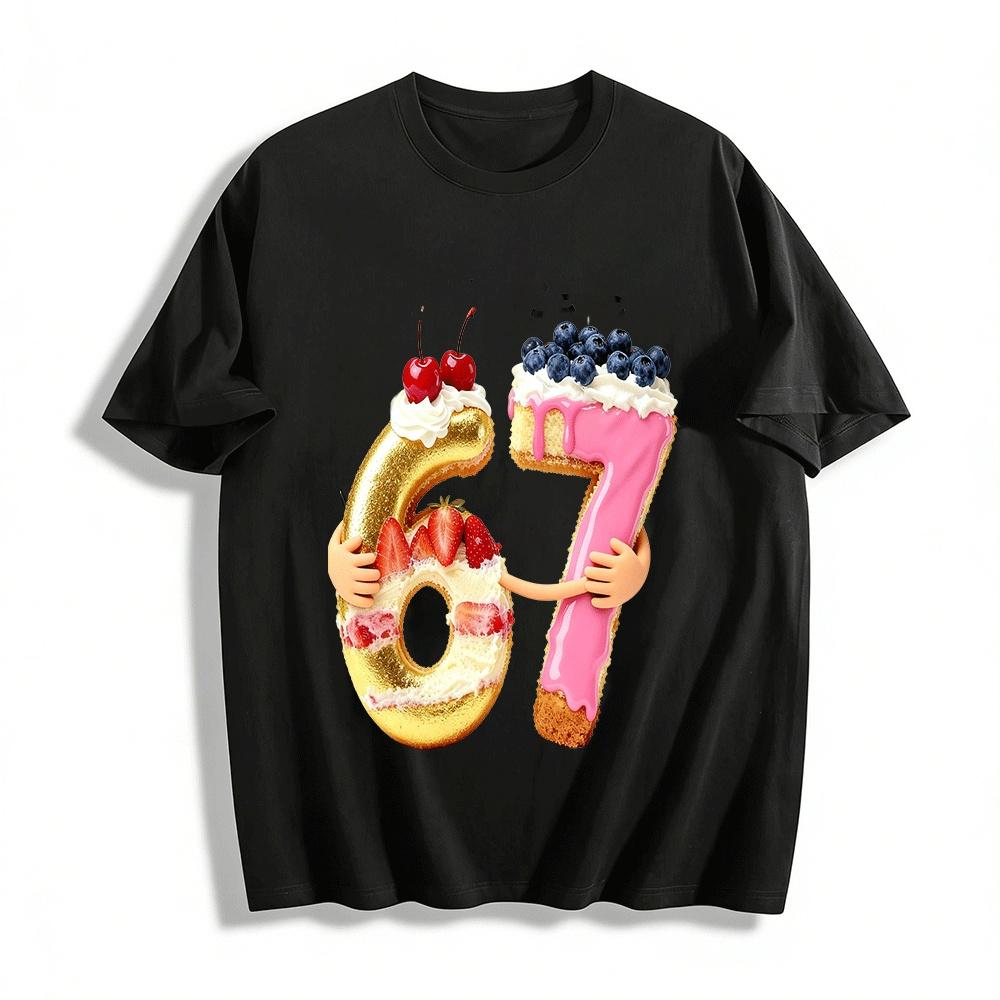 Number 67 Dessert Print Top Unisex Casual Short Sleeve Tee Pure cotton T-shirt XXS