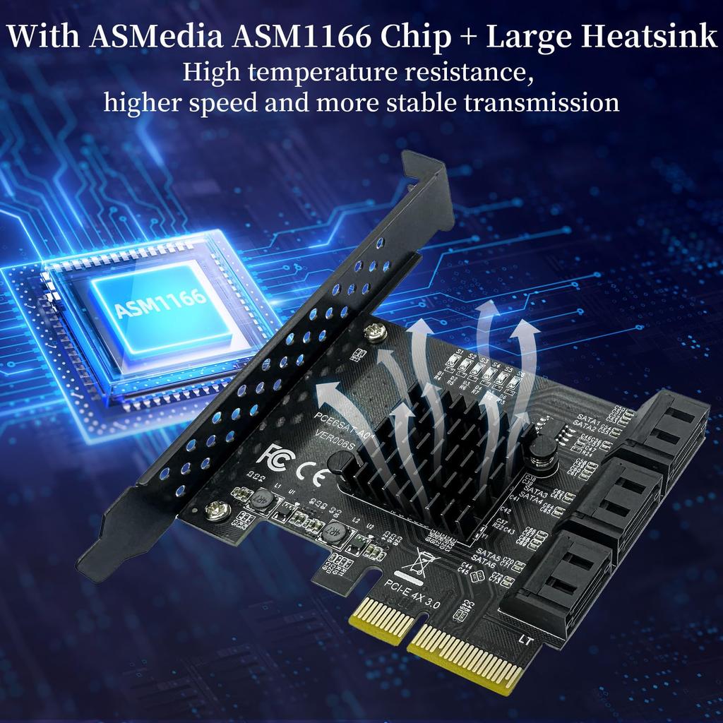 PCIe SATA Expansion Card, 6-Port, 6Gbps SupportPCIe 3.0 x4Plug & PlayLow Profile Bracket & Cable IncludedWindows, Linux, NAS CompatibleHigh-Speed