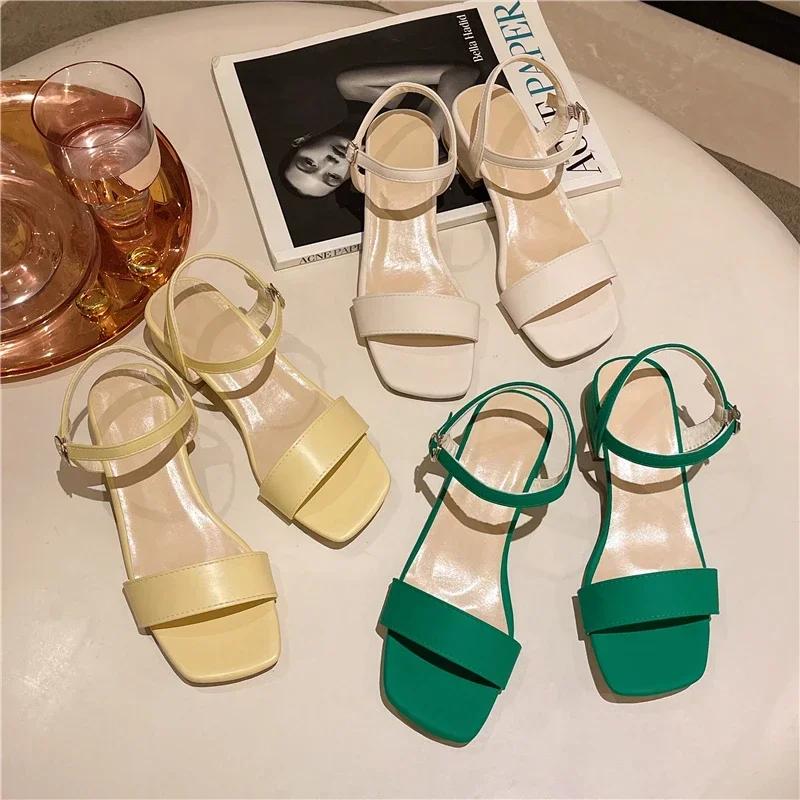 Coarse heeled sandals for women 2025  new one piece buckle strap large shoes mid heel sandals trendy