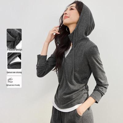 Handu Yishe Women's Hooded Faux Two-Piece Slimming Sweatshirt