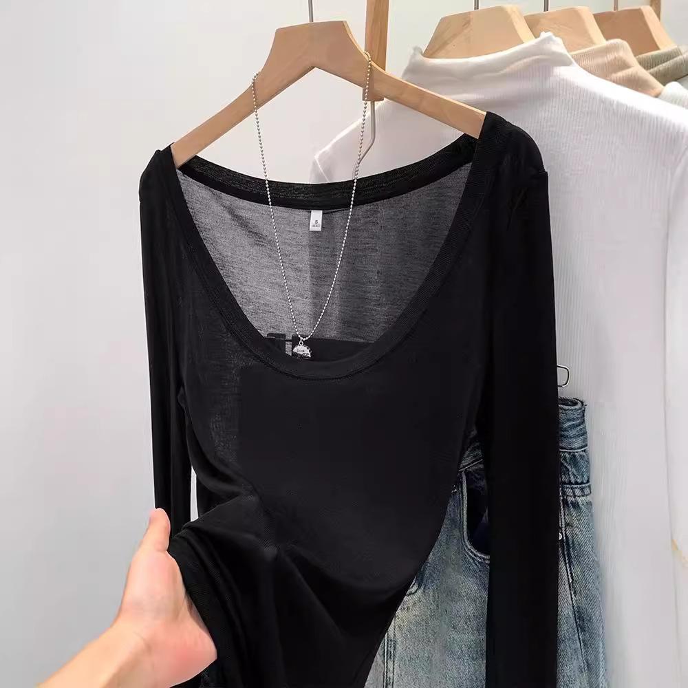 Tencel Skin Friendly Thin Slightly Sheer Slim Fit Spicy Girl White U Neck Sun Protection Base Layer Cover Up T Shirt Women Early Autumn Top
