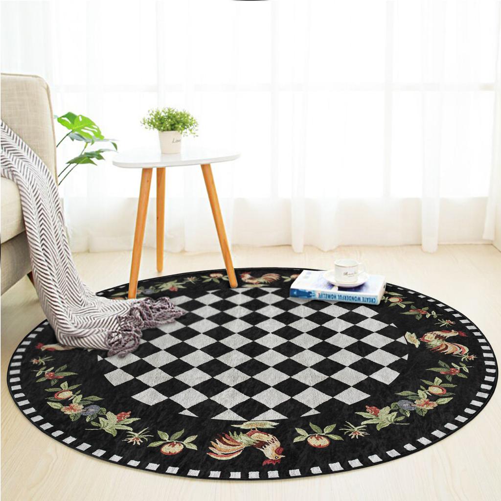 Checky Round Rug Country Floor Carpet Moroccan Non Slip Circle Rugs Rooster Rug Chicken Area Rugs Black Rug For Living Room