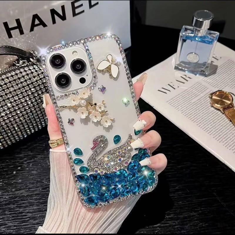 Mobile Phone Case Swan Suitable for Samsung S23 S24 Luxury Rhinestone Iphone17pro Max Transparent Silicone