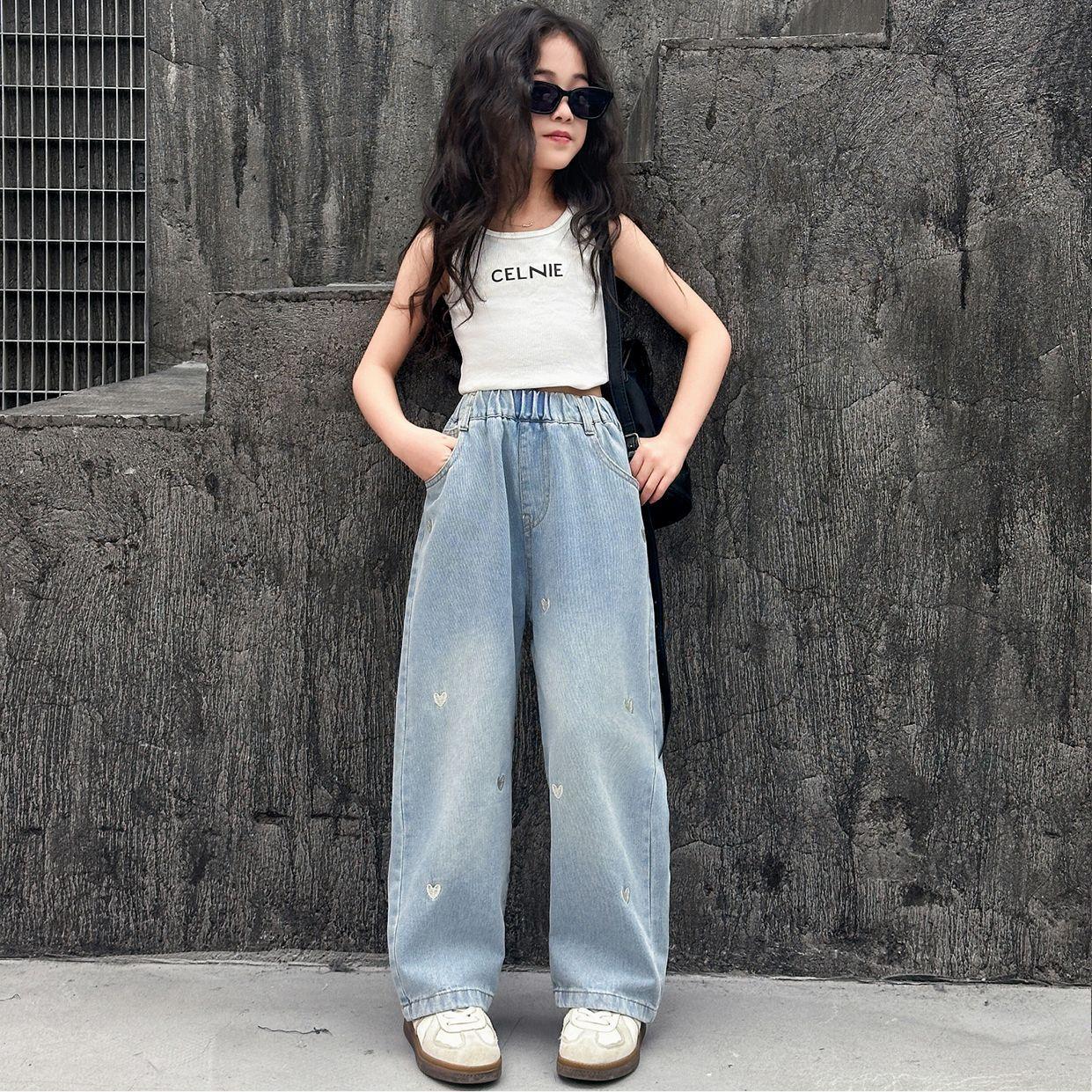 Легкие джинсы для девочек Простая и модная одежда для девочек Широкие брюки с вышивкой 170cm