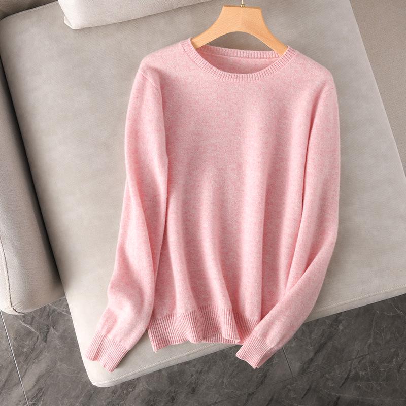 Women's 100% Wool Round Neck Long Sleeve Knitted Sweater – Solid Color for Autumn and Winter