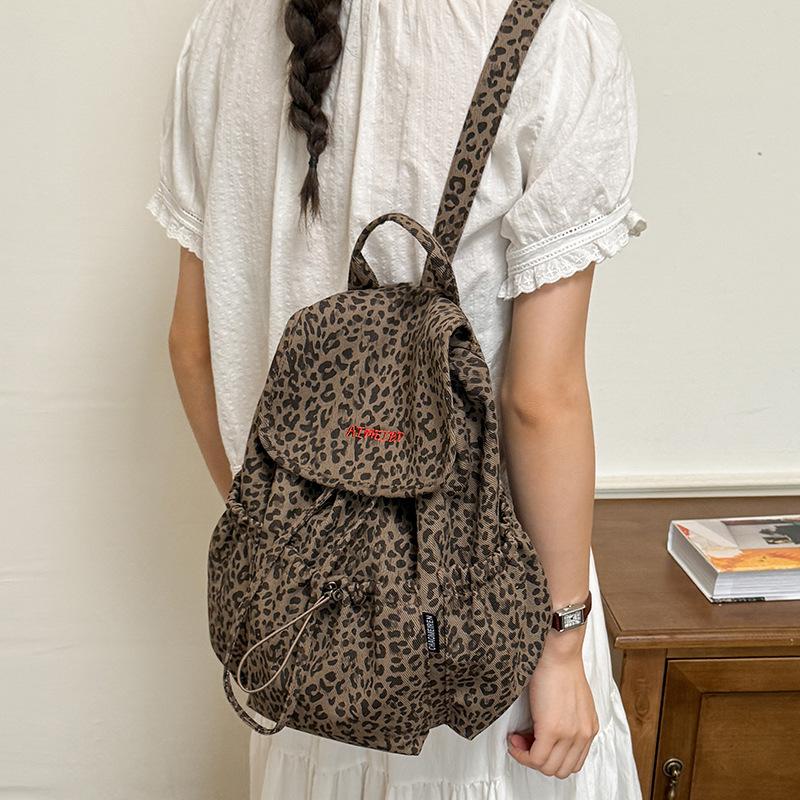 Schoolbag Retro Leopard Print Backpack Bag Women's 1011 Summer New Fashion College Style Canvas Bag Casual Large Capacity Backpack