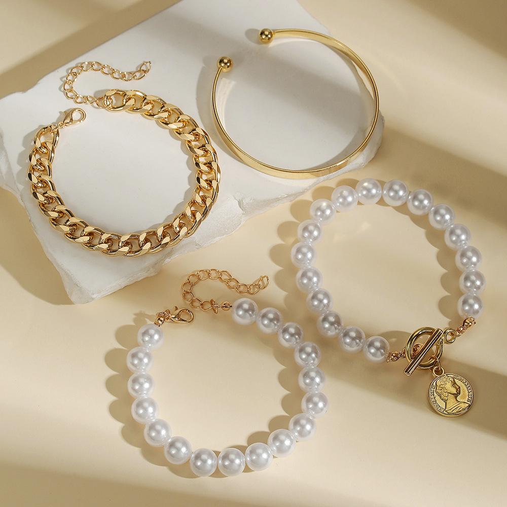European and American hand jewelry sweet and cool multi-portrait imitation pearl bracelet set personalized NK Cuban chain jewelry women