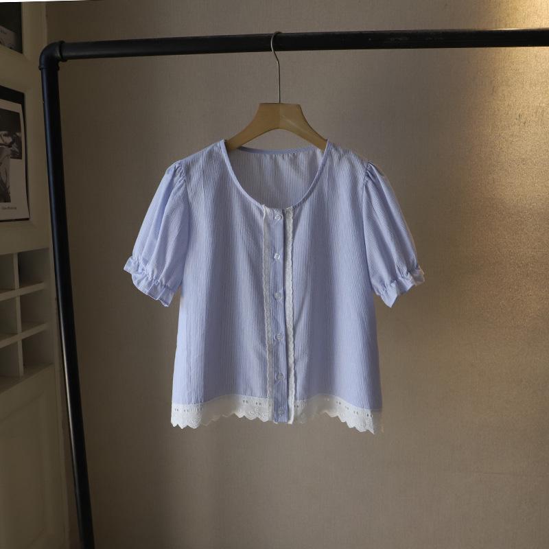

Korean Style Lace Trim Bubble Sleeve Blouse - Summer 2025 Collection One Size