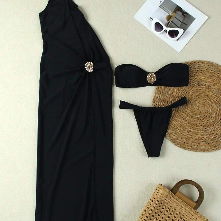 

Bikini Three-Piece Set: Bandeau, Long Skirt, High-End Beach Swimwear for Women Large