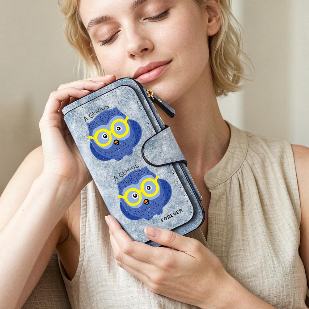 Cute Owl Print Women Long Wallet Fashionable Leather Card Holder Portable Casual Daily Purse