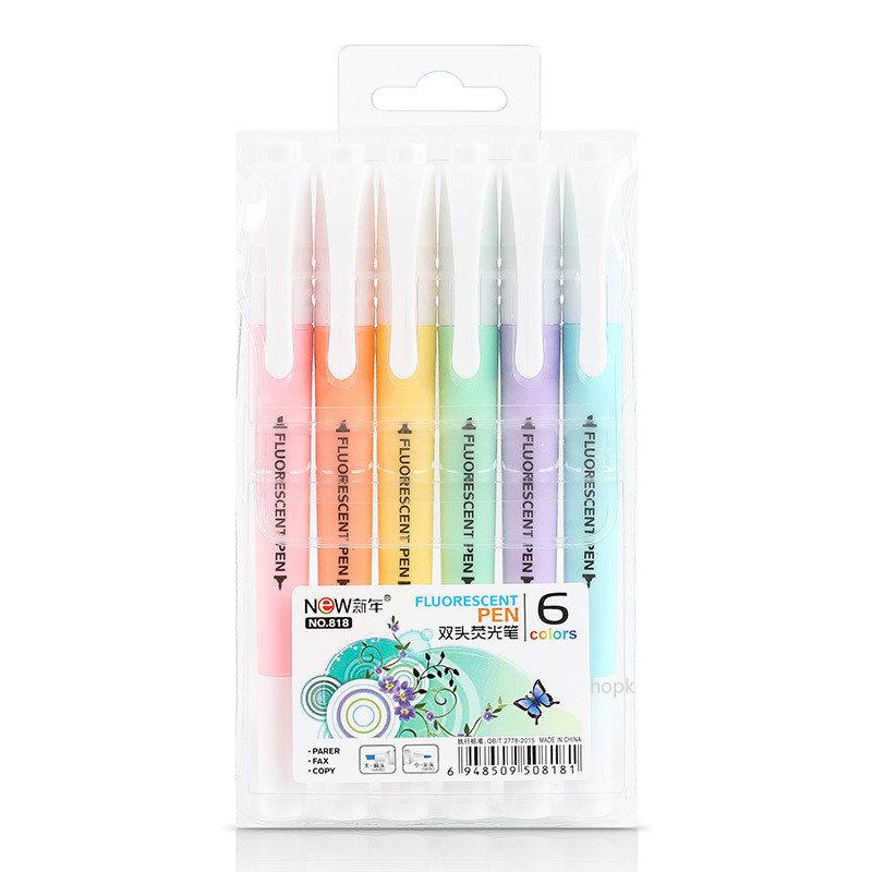 6/5Colors/box Double Headed Highlighter Pen Collection Fluorescent Markers Highlighters Pens Art Marker Japanese Charming Kawaii Stationery