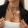 Simple Metal Hollow Ring Pendant, Long Necklace, Cold Leather Wax Thread Winding Necklace For Women
