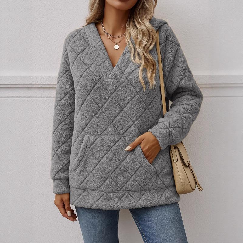 New Women's Casual V-neck Long-sleeved Pullover Multi-color  Hooded Plush Sweatshirt