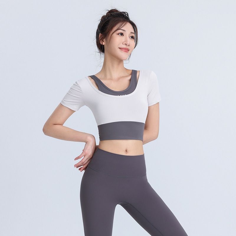 

Распродажа одежды для йоги с нагрудником Женская футболка с коротким рукавом из двух частей для бега, быстросохнущая одежда для тренировок, спортивные топы, лето Rice Gray(The quantity is not much) S