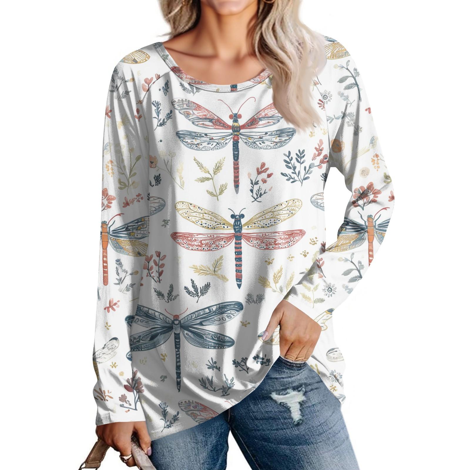 

Women s Fashion Casual Long Sleeve Print Round Neck Pullover Top Blouse L білий