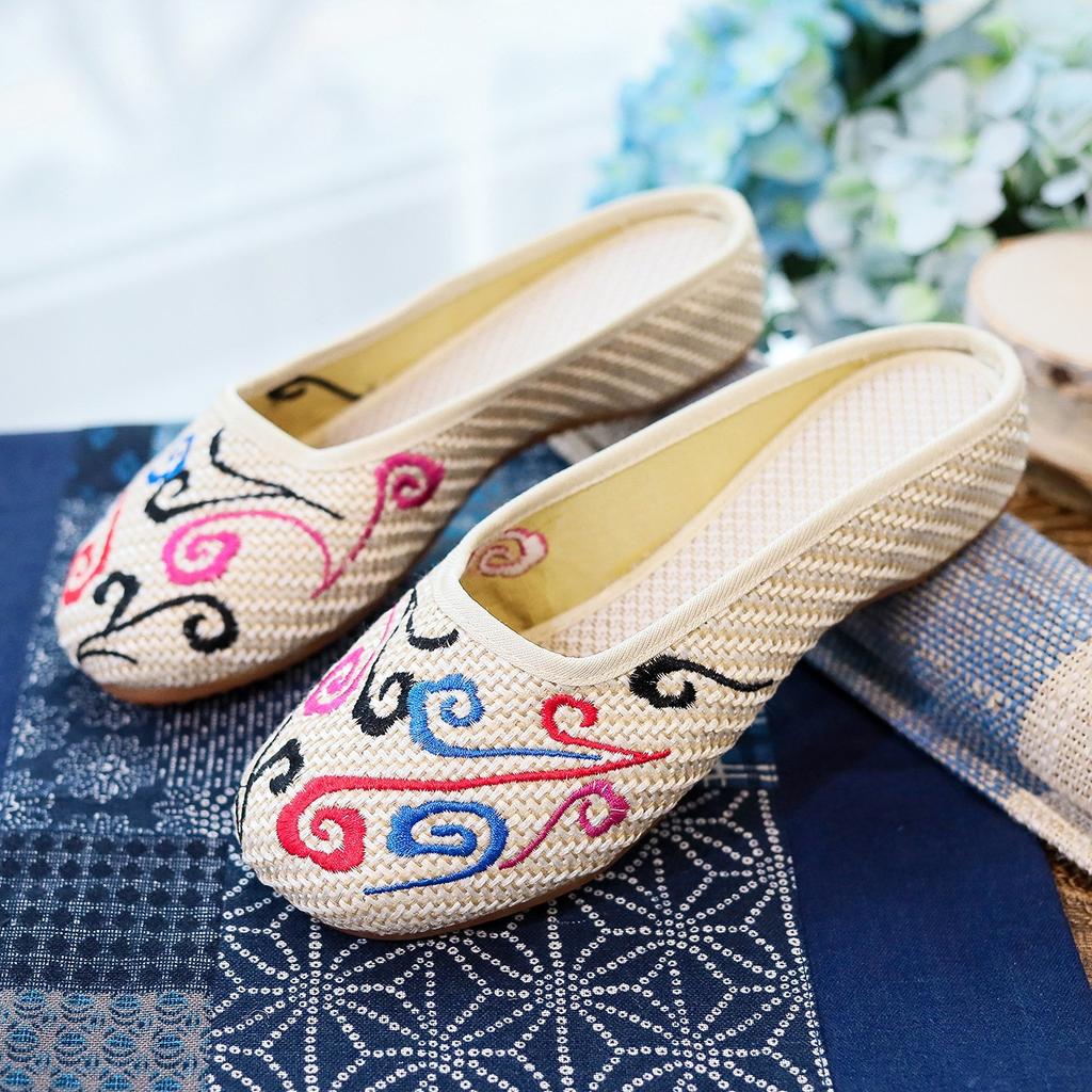 Pantofole, ricamo, scarpe da donna in tessuto, sandali con testa di borsa, per camminare casual in estate, shopping e pantofole con suola in tendine di bue