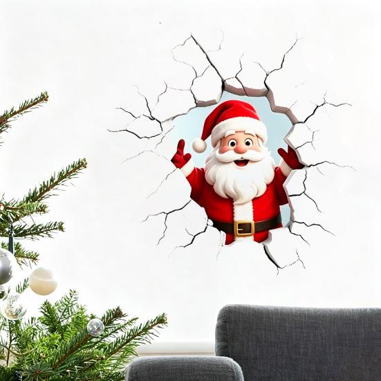 PVC Santa Wall Art for Balcony 3D Claus Sticker, Realistic Breaking Decal Christmas Holiday Decoration, Glass Clings Waterproof Indoor Outdoor Windows