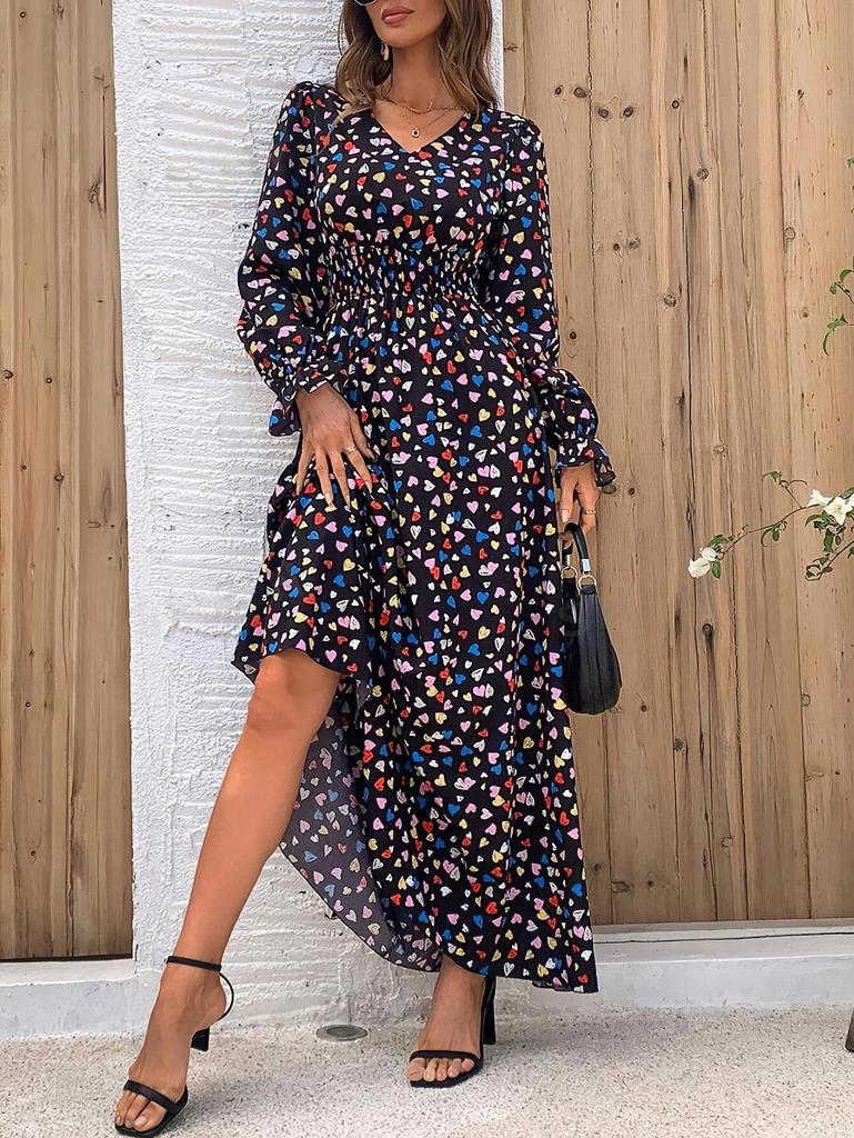 2024 Women's Autumn V-Neck Long-Sleeve Print Dress