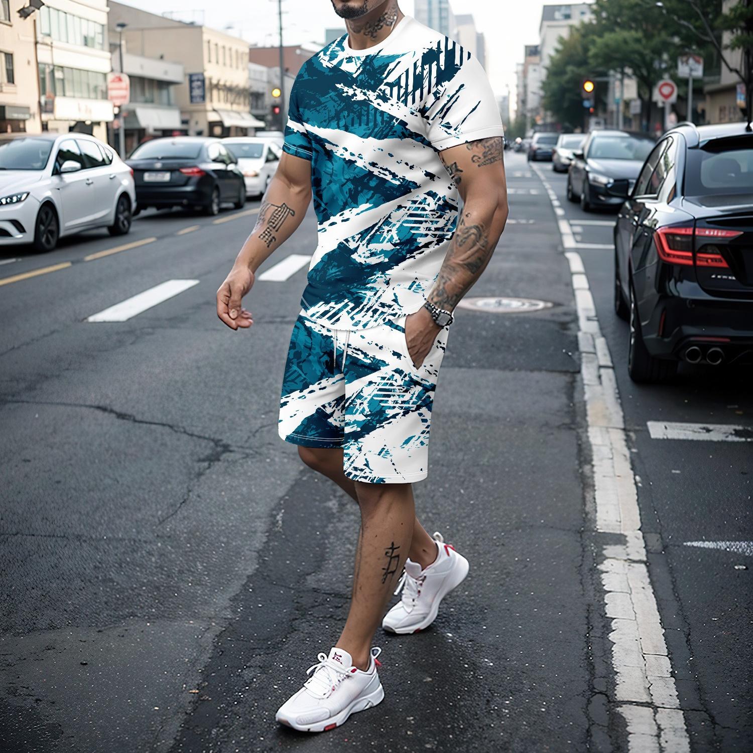 

Summer men s sportswear 3D line stitching short-sleeved sportswear fashion suit T-shirt XL