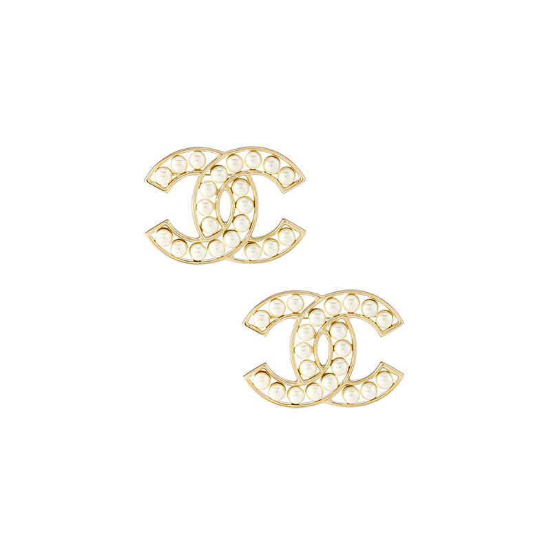 CHANEL Double C Logo Pearl Metal Brooch Women's Gold White