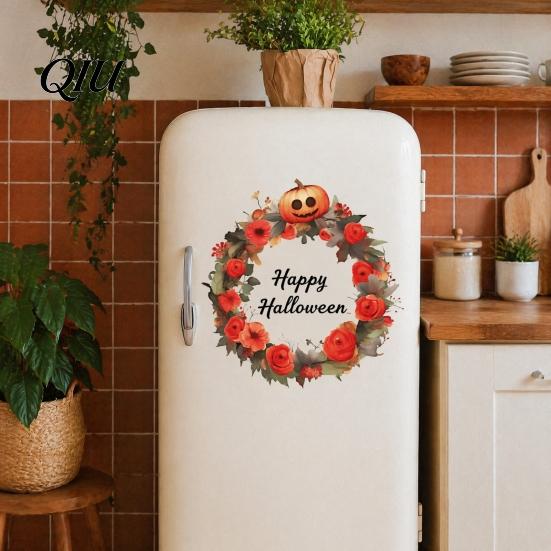 Weatherproof Glass Ornaments Halloween Wreath Wall Stickers, Happy Garland Decals, Retro Autumn Pumpkin Bathroom Mirror Stickers & Rose Waterproof PVC