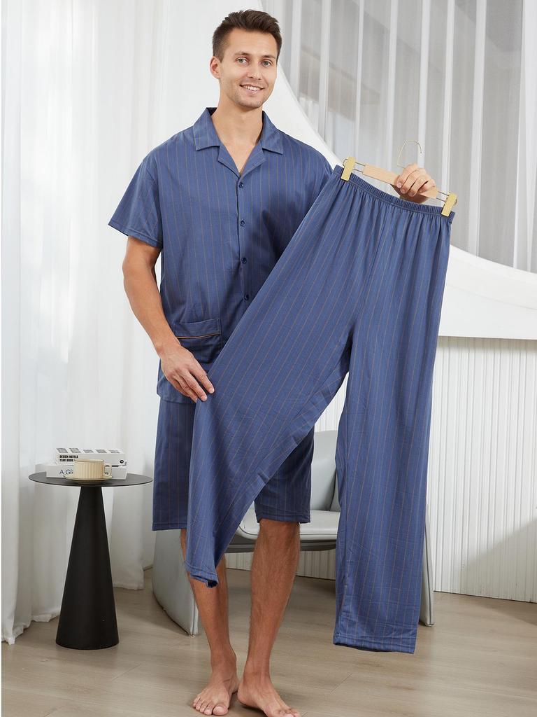 Men's Summer Cotton Pajamas 3-Piece Set: Short Sleeve Top, Long Pants, Casual Thin Shorts Home Wear