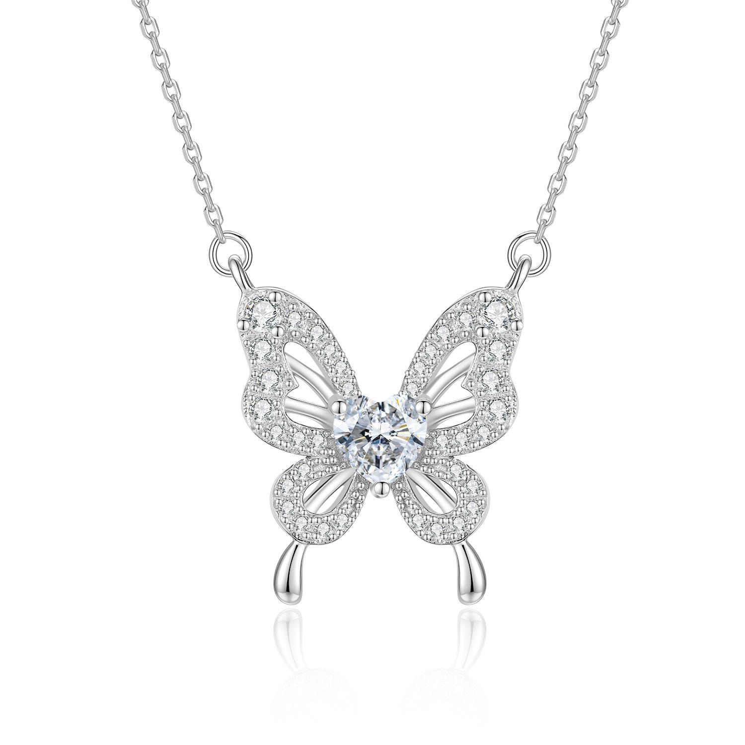 Exquisite Jewelry Hollow-out Butterfly Heart Moissanite Necklace S925 Sterling Elegant Light Luxury Pendant Pendant + Necklace + Gift Box