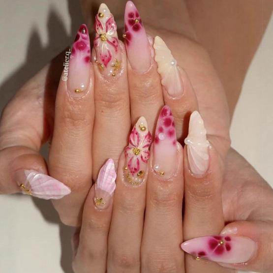 New long almond manicure 3D three-dimensional relief sweet shell pattern French flower design wearing armor
